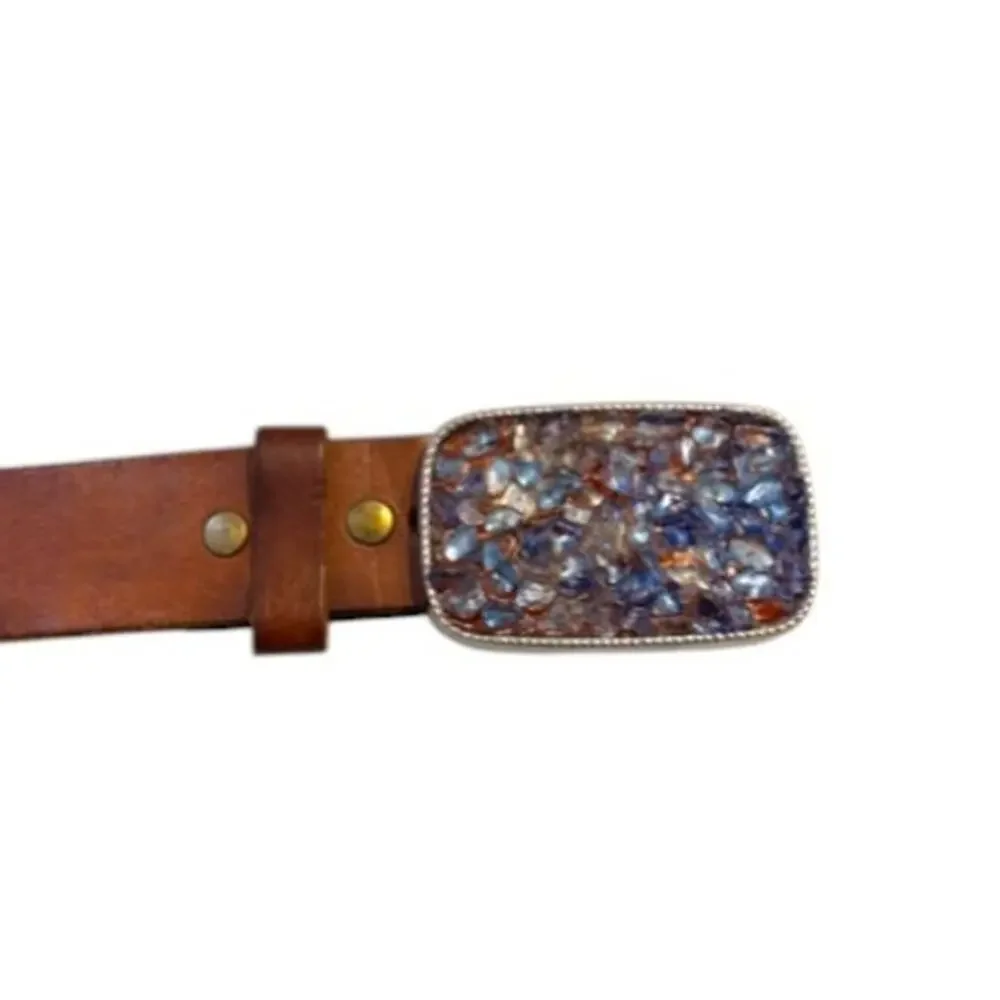 USA Made Stone Inlay Buckle Leather Belt Size 32 Brown 32-38 Western Boho